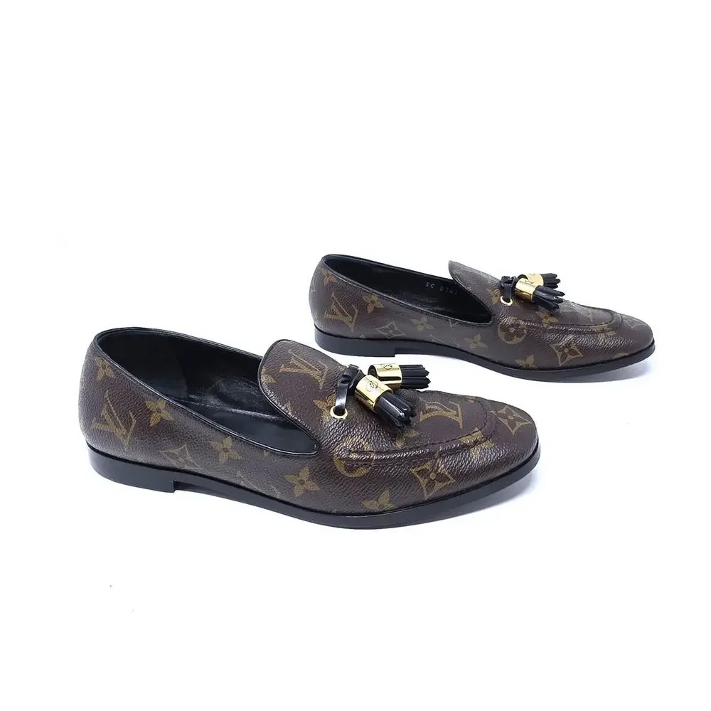 Louis Vuitton Monogram Tassel Loafers Society Canvas LV Logo Slip Flats 37.5 7.5